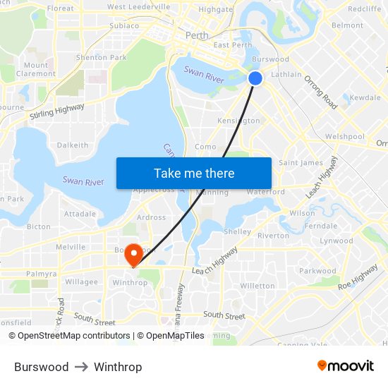 Burswood to Winthrop map