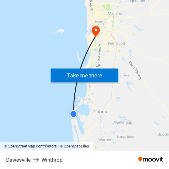 Dawesville to Winthrop map