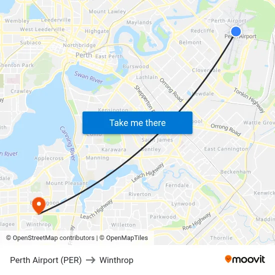 Perth Airport (PER) to Winthrop map