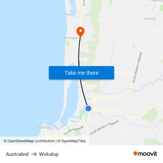 Australind to Wokalup map