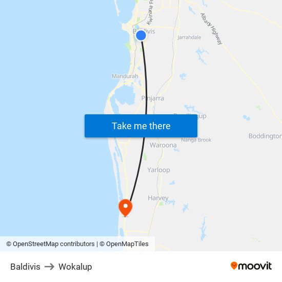 Baldivis to Wokalup map