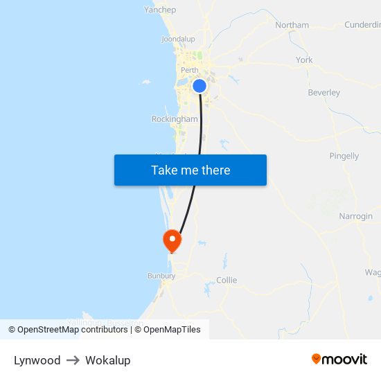 Lynwood to Wokalup map