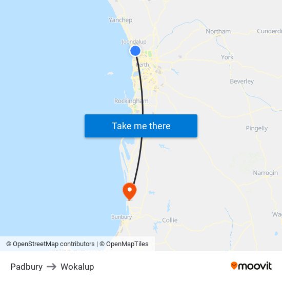 Padbury to Wokalup map