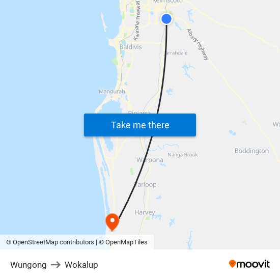 Wungong to Wokalup map