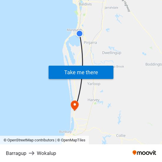 Barragup to Wokalup map