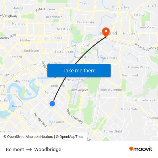 Belmont to Woodbridge map