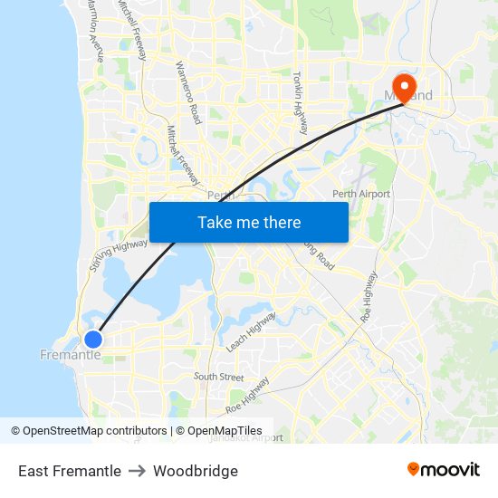 East Fremantle to Woodbridge map