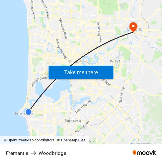 Fremantle to Woodbridge map
