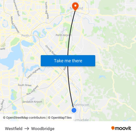 Westfield to Woodbridge map