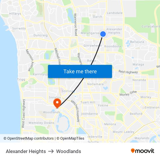 Alexander Heights to Woodlands map