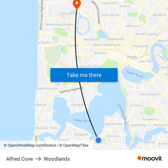 Alfred Cove to Woodlands map