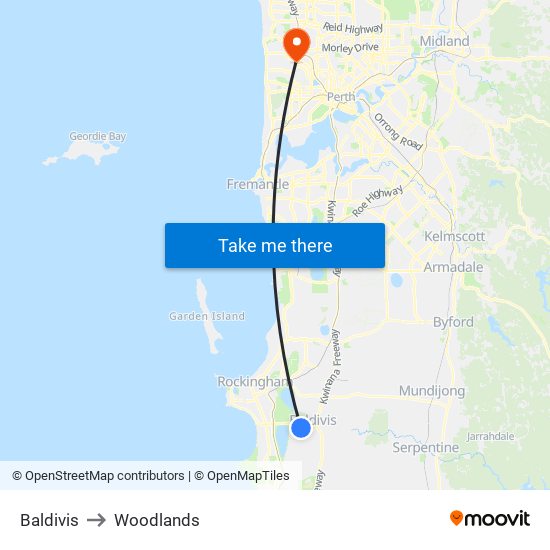 Baldivis to Woodlands map