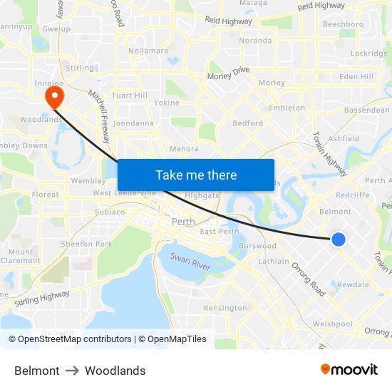 Belmont to Woodlands map