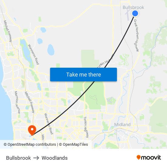 Bullsbrook to Woodlands map