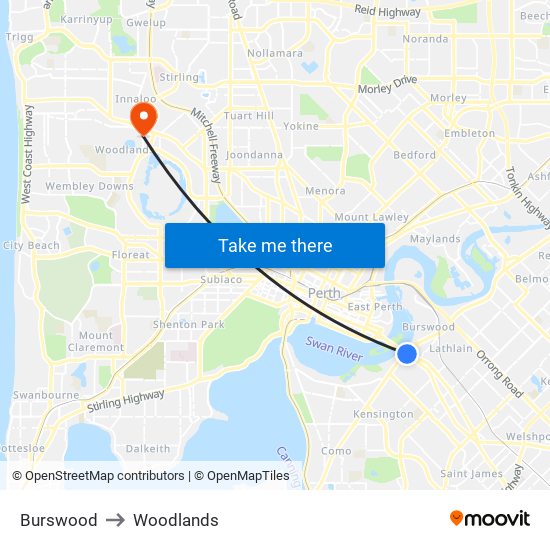 Burswood to Woodlands map