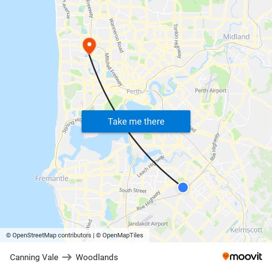Canning Vale to Woodlands map