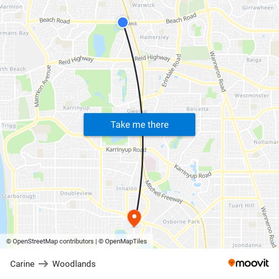 Carine to Woodlands map