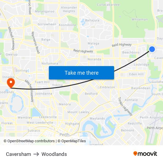 Caversham to Woodlands map