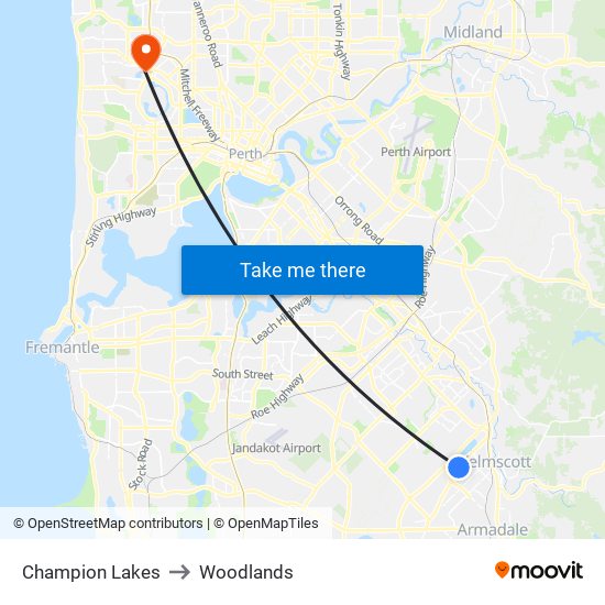 Champion Lakes to Woodlands map