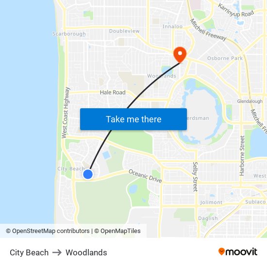 City Beach to Woodlands map