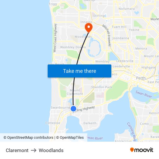 Claremont to Woodlands map