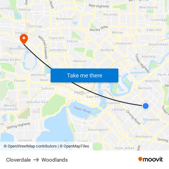 Cloverdale to Woodlands map
