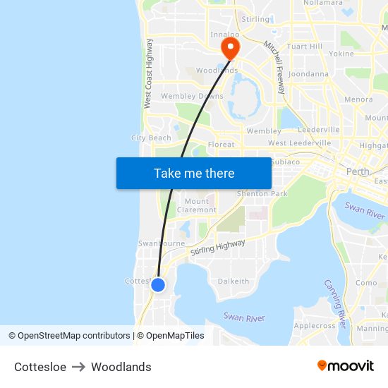 Cottesloe to Woodlands map