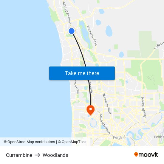 Currambine to Woodlands map