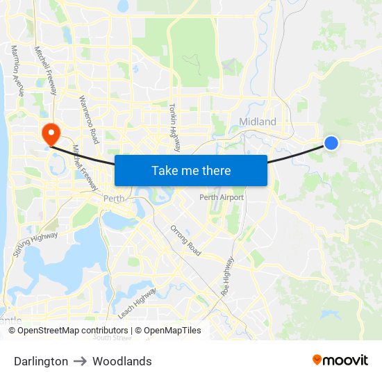 Darlington to Woodlands map