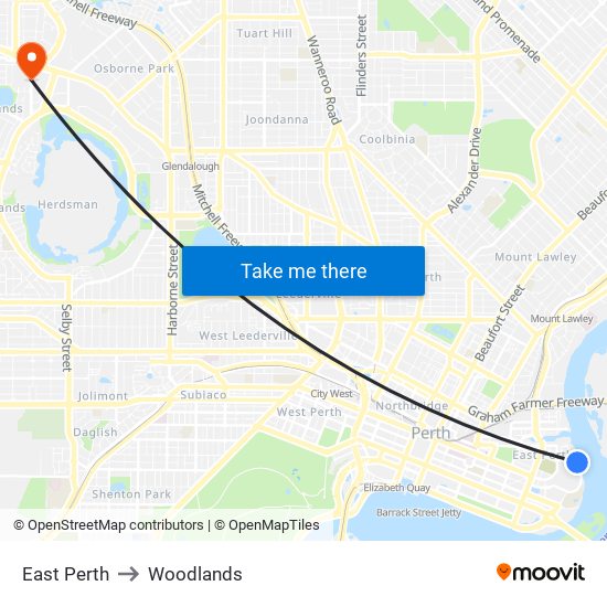 East Perth to Woodlands map