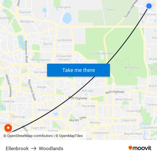 Ellenbrook to Woodlands map