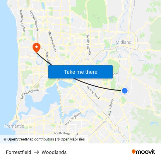 Forrestfield to Woodlands map