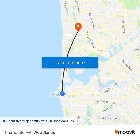 Fremantle to Woodlands map