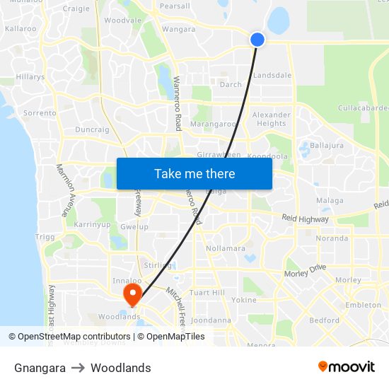 Gnangara to Woodlands map