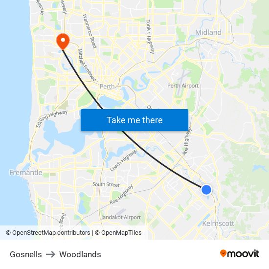 Gosnells to Woodlands map