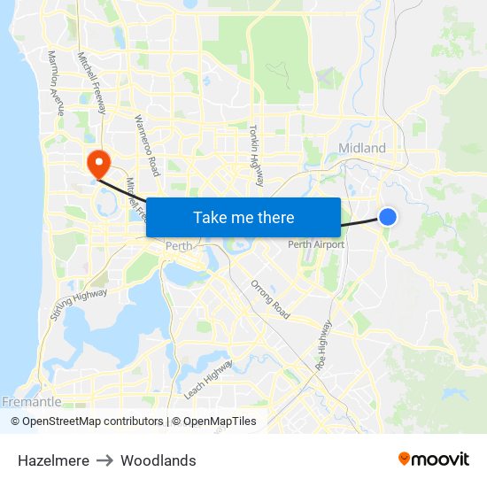 Hazelmere to Woodlands map