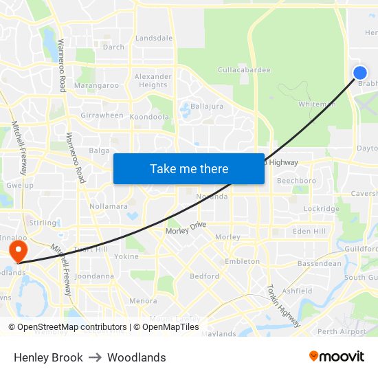 Henley Brook to Woodlands map