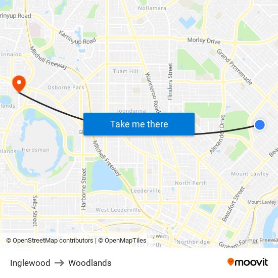 Inglewood to Woodlands map