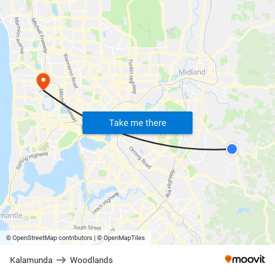 Kalamunda to Woodlands map