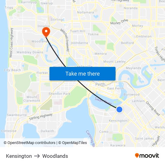 Kensington to Woodlands map