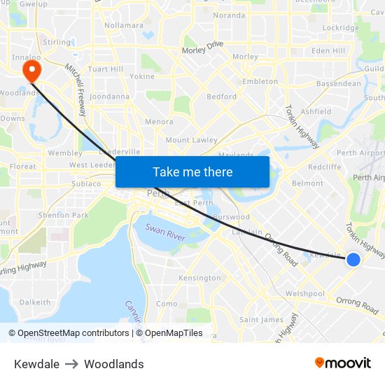 Kewdale to Woodlands map