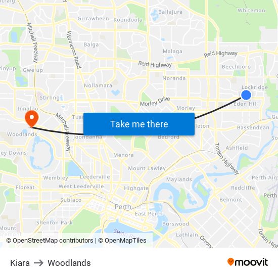 Kiara to Woodlands map