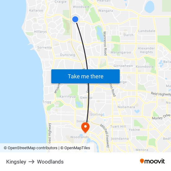 Kingsley to Woodlands map