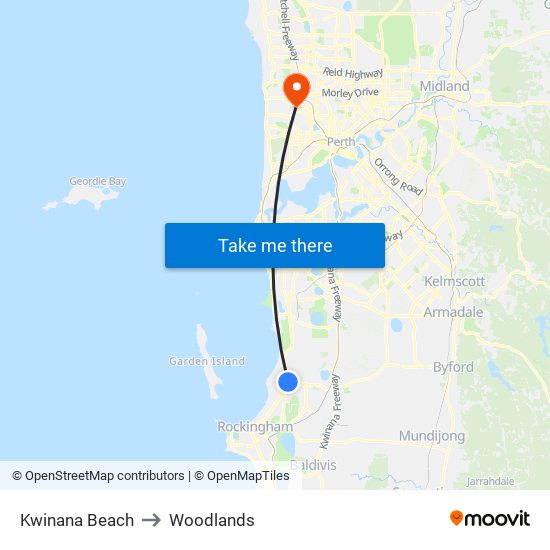 Kwinana Beach to Woodlands map