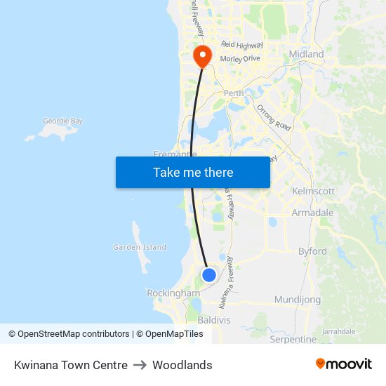 Kwinana Town Centre to Woodlands map