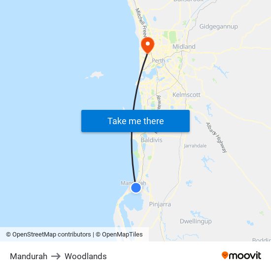 Mandurah to Woodlands map