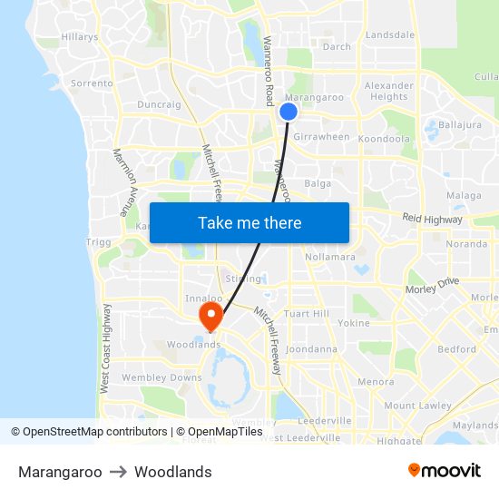 Marangaroo to Woodlands map