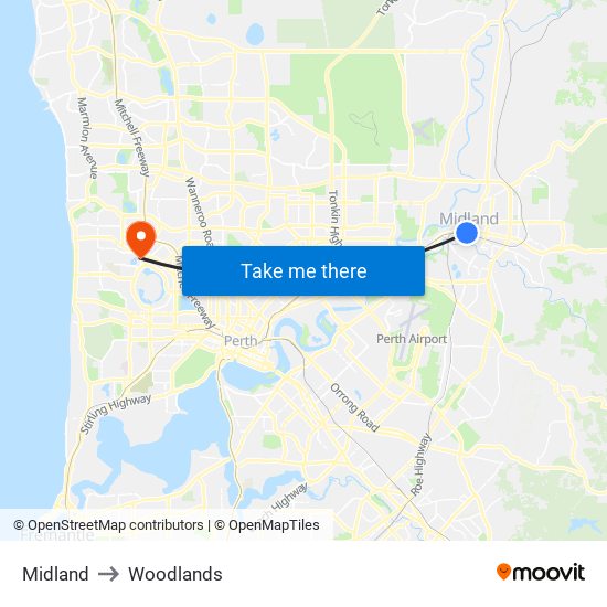 Midland to Woodlands map