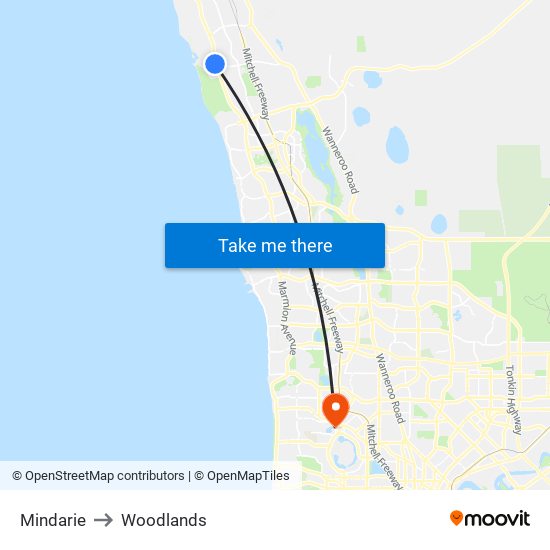 Mindarie to Woodlands map