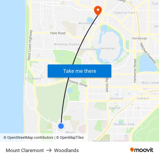 Mount Claremont to Woodlands map